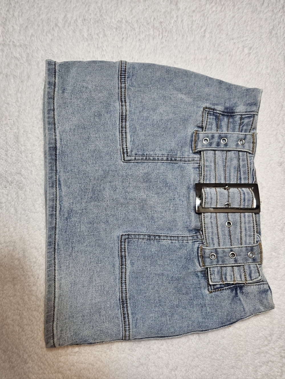 Edikted Light Wash Denim Mini Skirt With Buckle Belt